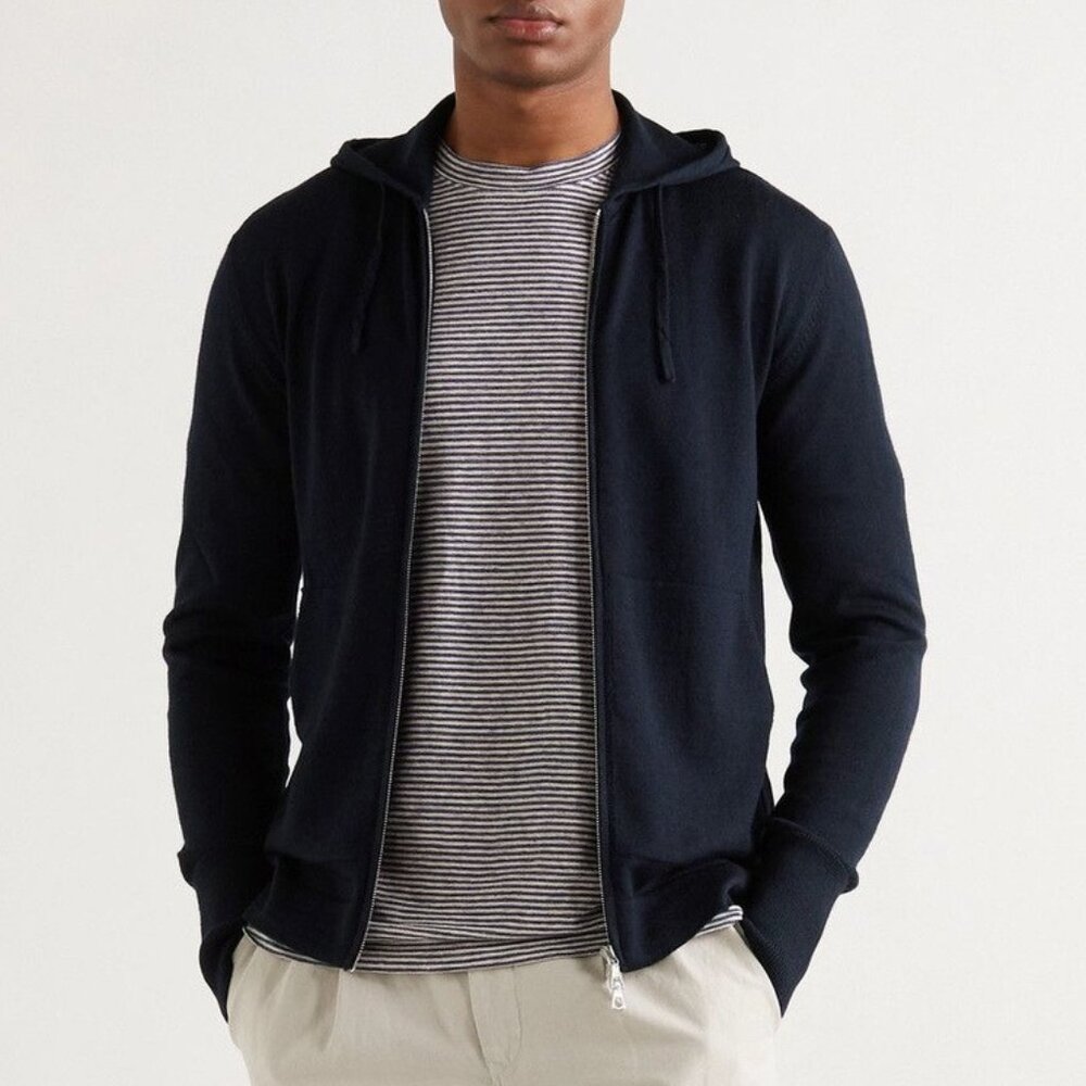 Officine Generale Merino Wool Zip-Up Hoodie in Navy Size Small